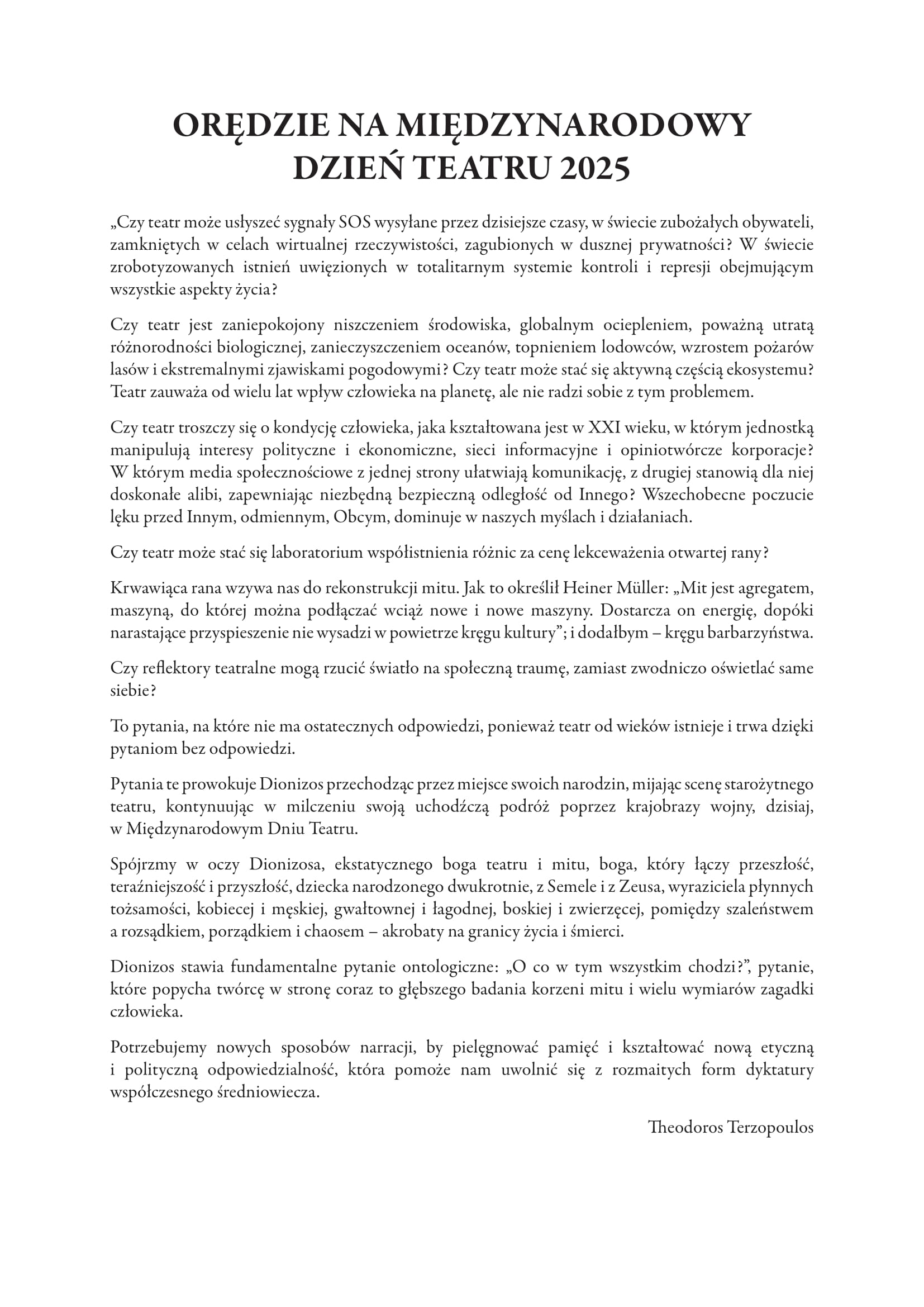 orędzie na MIędzynarodowy Dzień Teatru