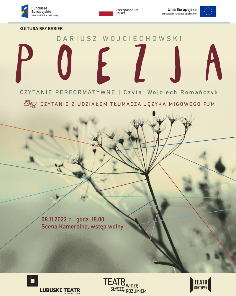 Plakat do czytania performatywnego Poezja utrzymany w zielono-beżowych tonach. Kwiaty polne na środku, tło zamglone.