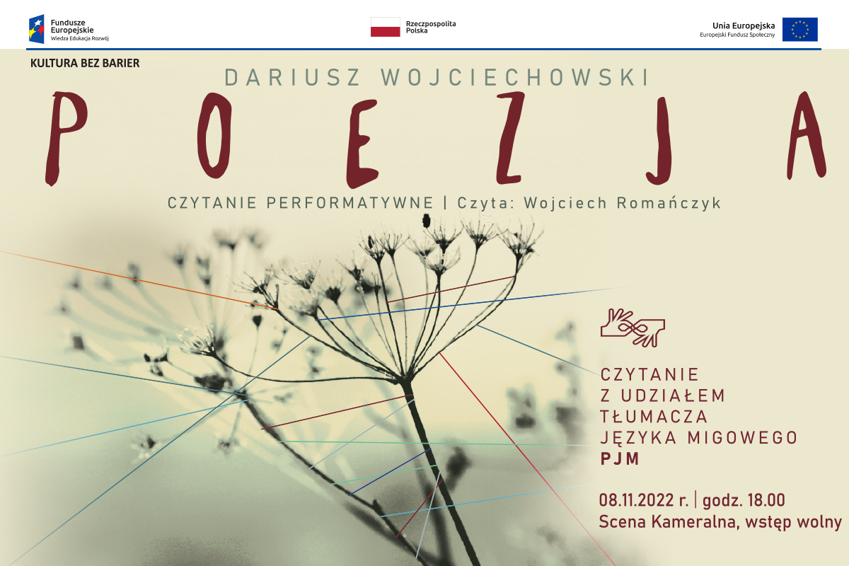 Plakat do czytania performatywnego Poezja utrzymany w zielono-beżowych tonach. Kwiaty polne na środku, tło zamglone.