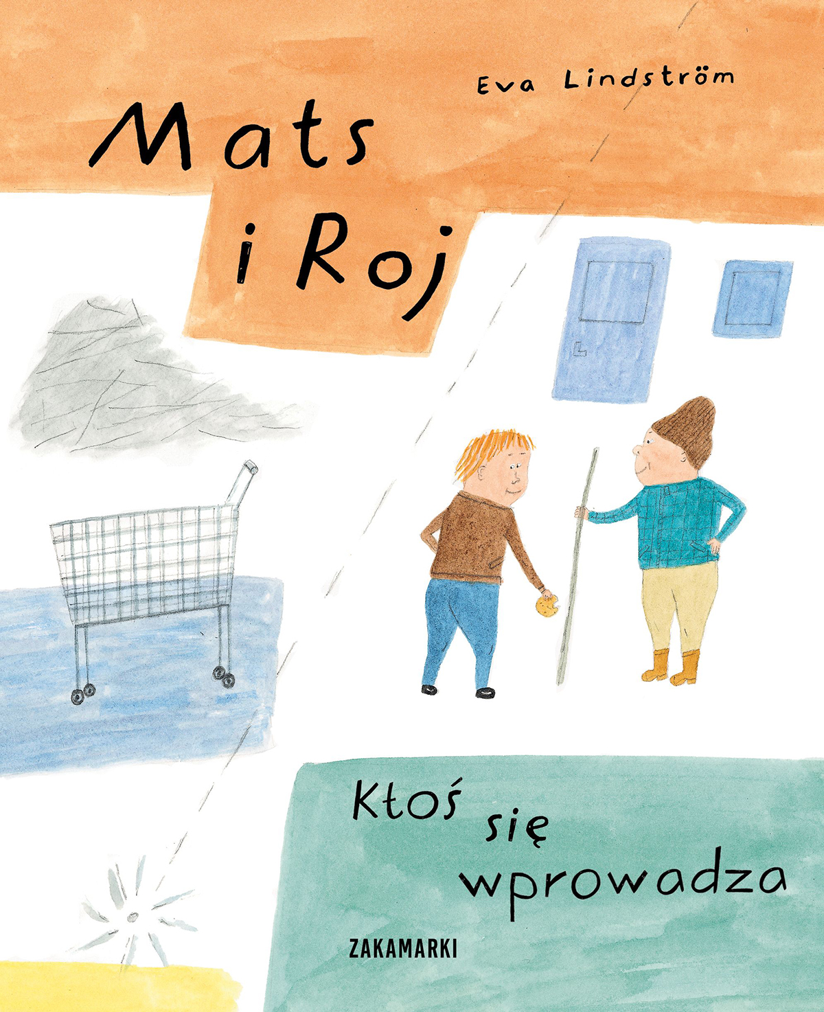 Plakat imitujący dziecięcy rysunek wykonany kredkami przedstawia dwie postaci, męską i żeńską, obok stoi koszyk na zakupy.