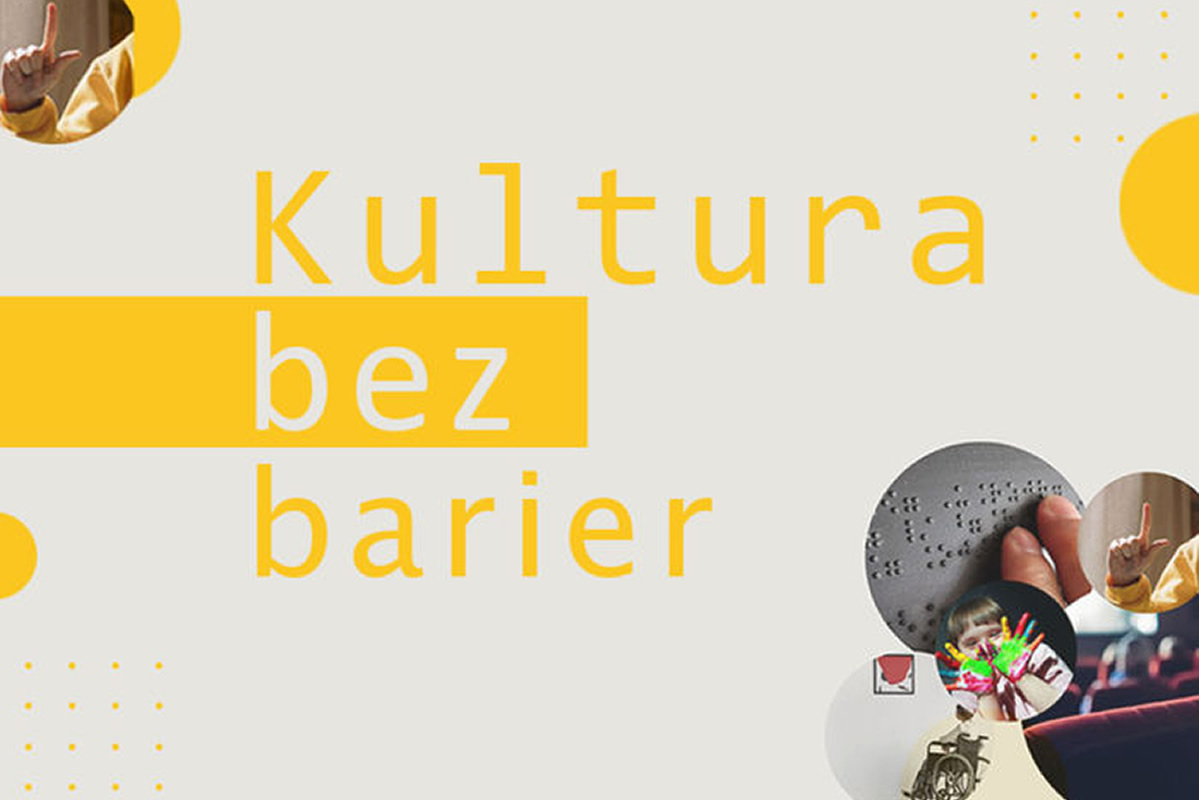 Grafika Kultura bez barier. Żółty napis na beżowym tle. Fotografie korespondujące z dostępnością umieszczone w dolnym, prawym rogu i lewym górnym.